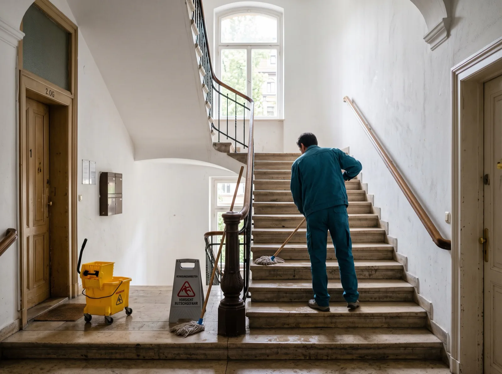 Blick von oben in ein helles Treppenhaus mit Holzstufen und weißem Geländer